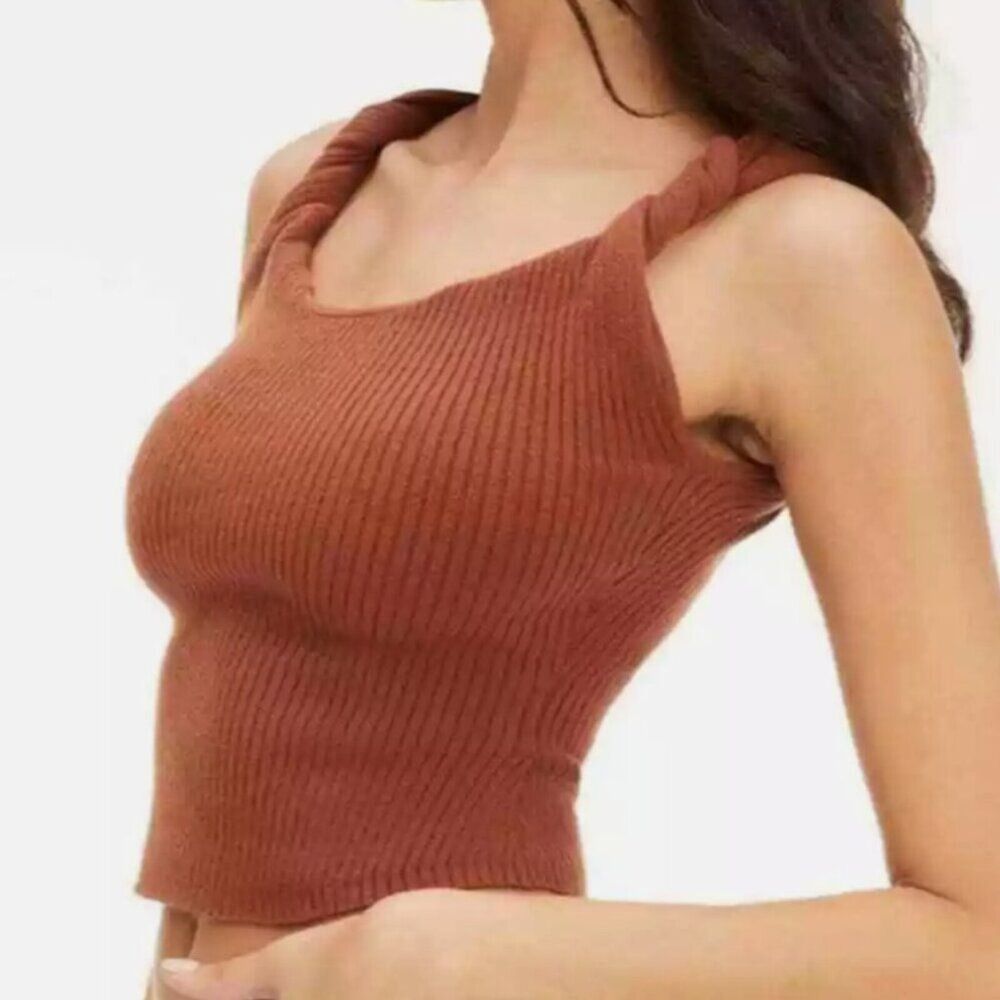 Women Good American Twisted Shoulder Ribbed Cotton Blend Sweater Tank Size 5/6
